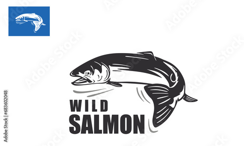SALMON FISH LOGO, simple silhouette of great fish moving fast in water vector illustrations