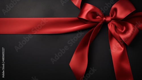 A close-up shot capturing a red satin ribbon tied into a delicate bow on a seamless black surface.