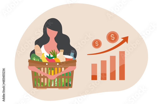 Woman buys grocery foods in shopping cart with high graph. Cost of living, growth of grocery price, economic inflation vector illustration