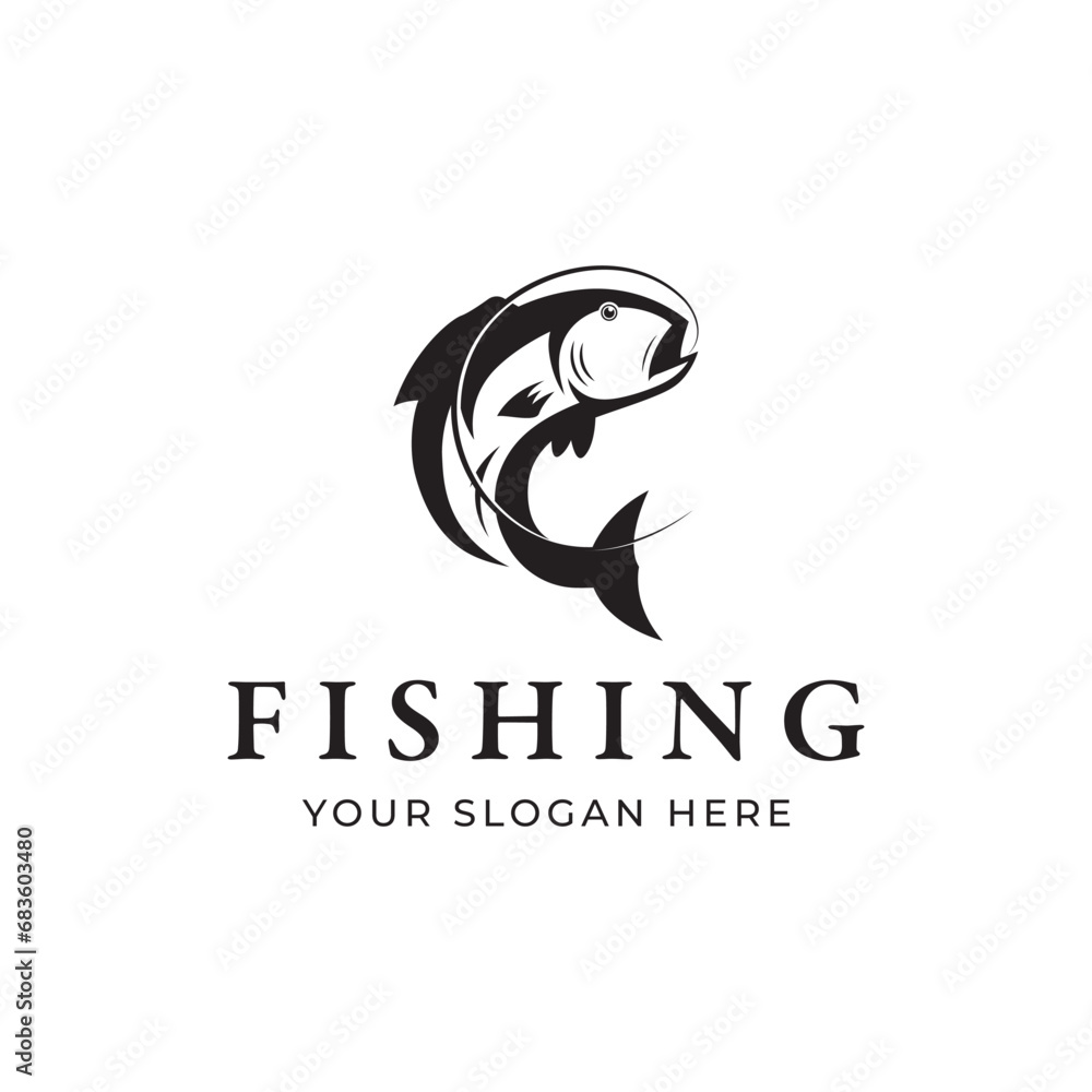Fishing club Logo design with creative angler and jumping fish. Fishing club Logo design with creative angler and jumping fish.