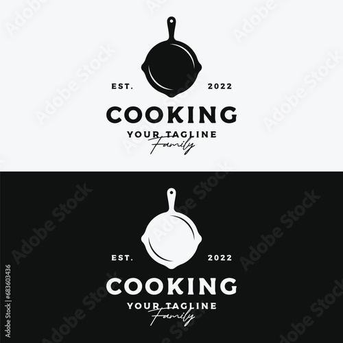 Logo template for a rustic retro vintage cooking pot or frying pan. Logo for a restaurant.