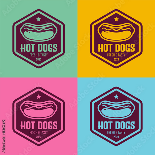 Hot dog badge design fresh and tasty logo