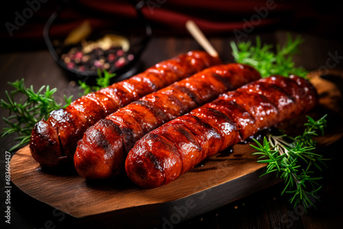 Close-up on the smoked and juicy sausage, exuding its tempting aroma. Tasty and seasoned gourmet sausage, a delight ready to be enjoyed.