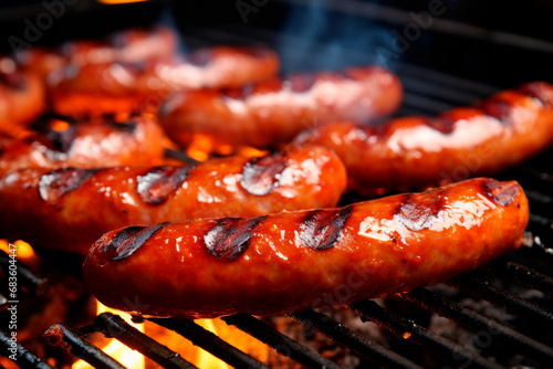 Close-up on the smoked and juicy sausage, exuding its tempting aroma. Tasty and seasoned gourmet sausage, a delight ready to be enjoyed.