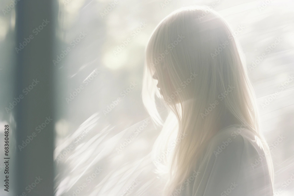 Fototapeta premium A Girl With White Hair Standing Beside a Bright Window