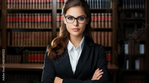 Lawyer woman portrait, seriously in front of book shelf