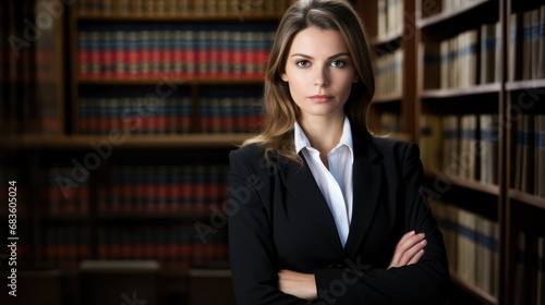 Lawyer woman portrait, seriously in front of book shelf