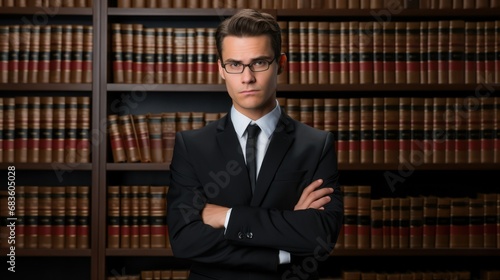 Lawyer portrait, seriously in front of book shelf