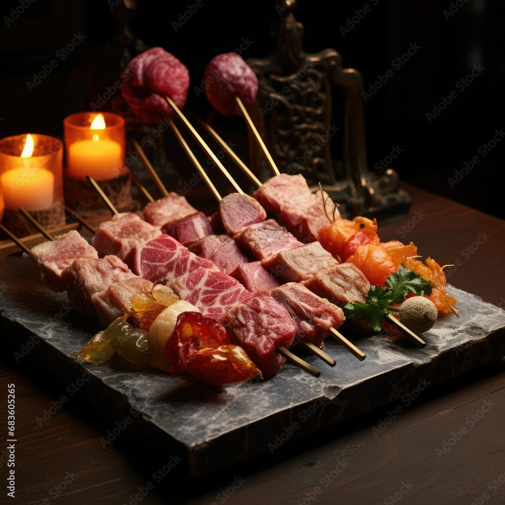 Meat and vegetables on sticks served on stone dish