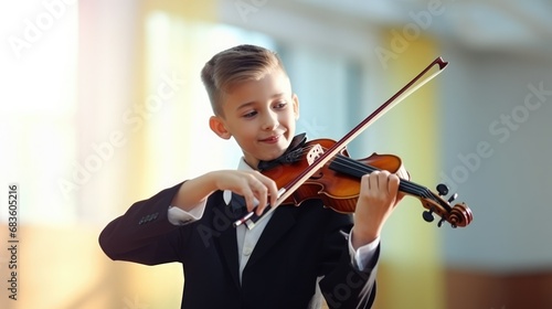 School musician kid play violin, music instrument