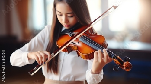 School musician kid play violin, music instrument