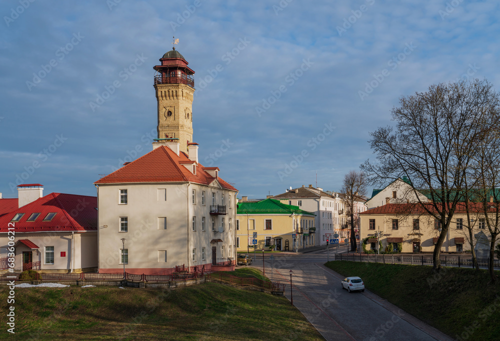 View of the Fire tower on Zamkova Street on a sunny day, Grodno, Belarus