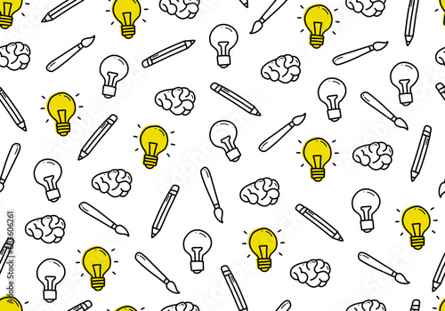 Doodle idea and creativity light bulb and brain outline icon seamless pattern backdrop. vector background pattern for study, education or school design project