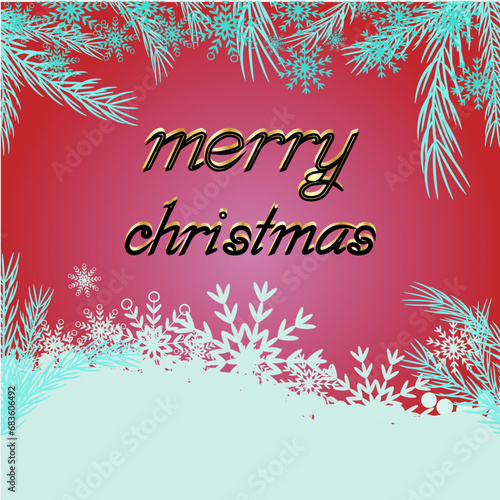 Merry Christmas greeting card, text, snow on red background.