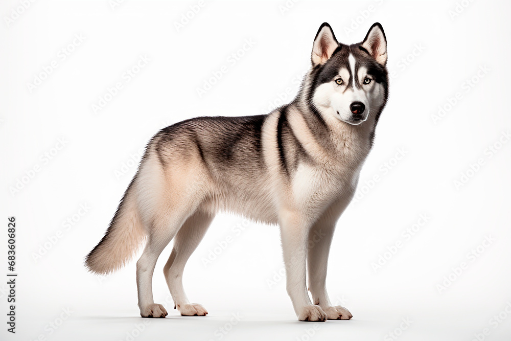 Siberian Husky right side view portrait. Adorable canine studio photography.