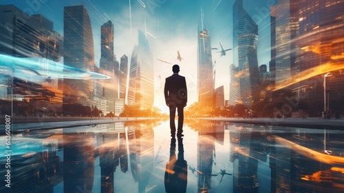 Double exposure of businessman and future city, Investment and modern technology.