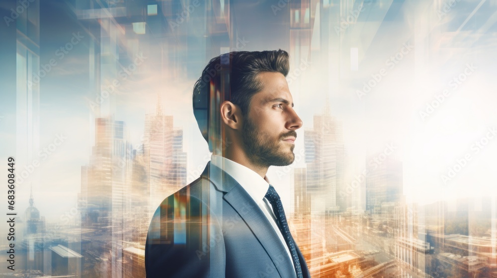 Double exposure of businessman and future city, Investment and modern technology. Double exposure of businessman and future city, Investment and modern technology.