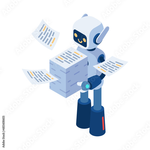 Isometric Ai Robot Carrying Stack of Paperwork
