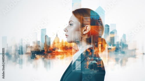 Double exposure of businesswoman and future city, Investment and modern technology.