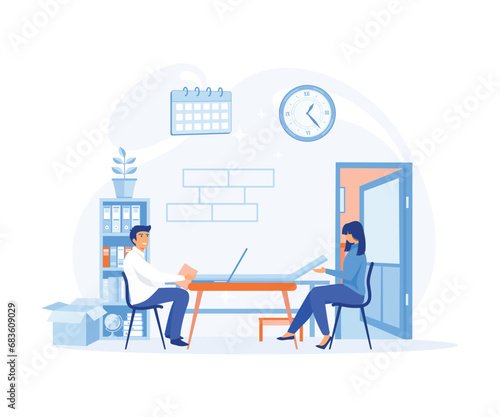 Woman at the doctors appointment. Of a smiling girl and male doctor sitting and talking at the table in the office.  flat vector modern illustration 