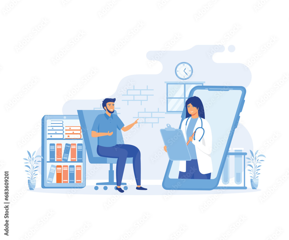 Mobile App for Online Doctor. Man Using Mobile Application, Control Health Indicators, Consult Online Doctor. flat vector modern illustration Mobile App for Online Doctor. Man Using Mobile Application, Control Health Indicators, Consult Online Doctor. flat vector modern illustration