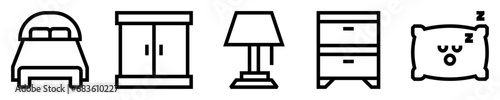 Conjunto de iconos de dormitorio. Habitación y relajación personal. Cama, armario, lámpara, mesita de noche, almohada. Ilustración vectorial photo