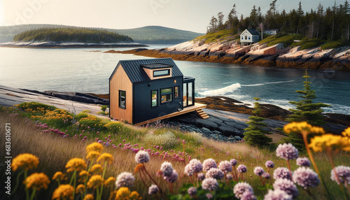 Black modern tiny house lake in the mountains