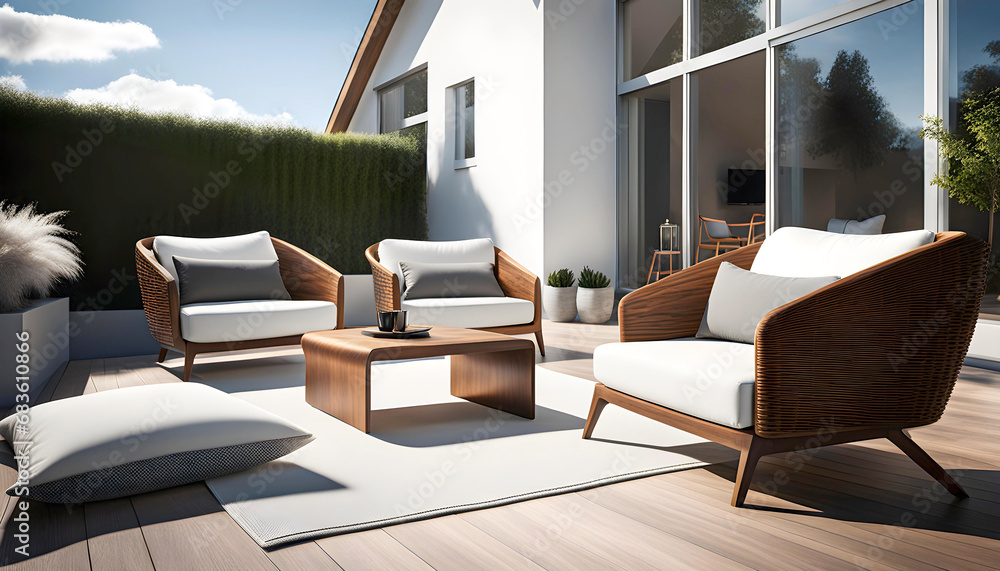 Modern design of a relaxation area with a soft sofa near the house, modern hygge style,