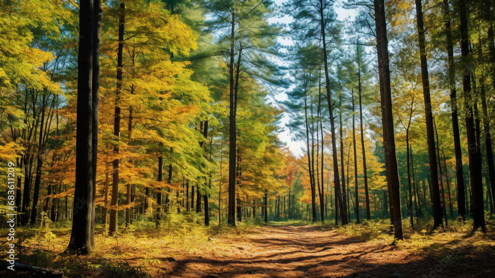 Picturesque view of forest with trees on sunny day. AI Generative. Picturesque view of forest with trees on sunny day. AI Generative.