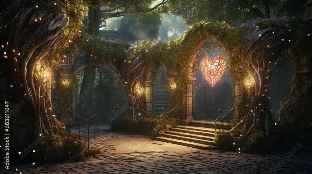 A magical garden illuminated by glowing orbs of light, with vines intertwined to form intricate heart-shaped patterns across a stone archway.