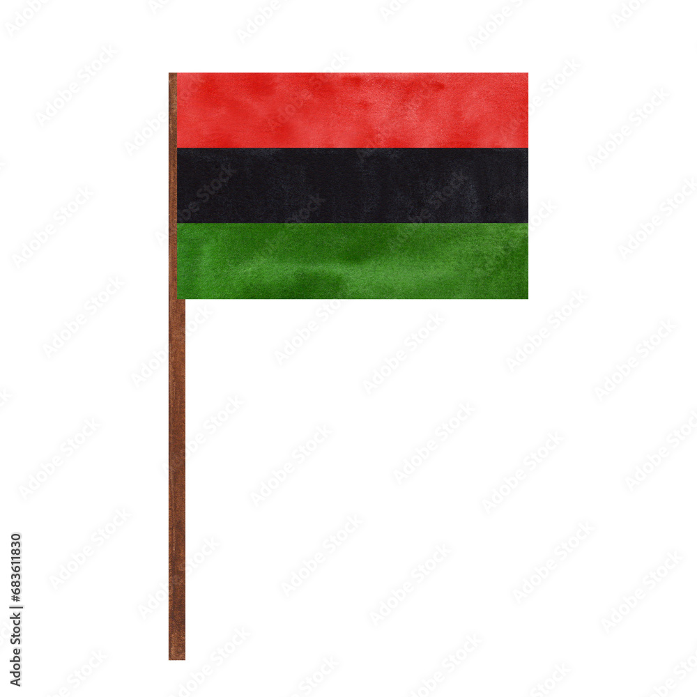 Pan African UNIA flag, red black green horizontal stripes. Juneteenth, Black history month, Kwanzaa. Hand drawn watercolor illustration isolated background. Pan African UNIA flag, red black green horizontal stripes. Juneteenth, Black history month, Kwanzaa. Hand drawn watercolor illustration isolated background.
