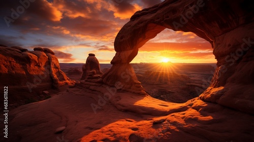 "A solitary sandstone arch, sculpted by wind and water, framed against a fiery sunset."