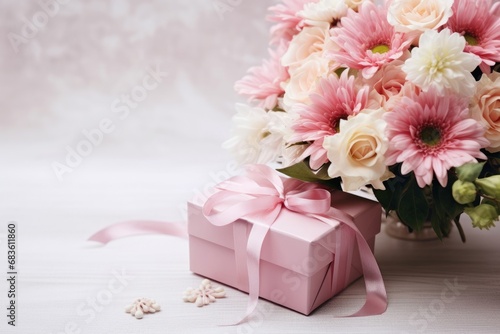 Beautiful bouquet of rose and chrysanthemums flowers and pink gift box on white table background. Gift for holiday  birthday  Wedding  Mother s Day  Valentine s day  Women s Day  Generative AI 