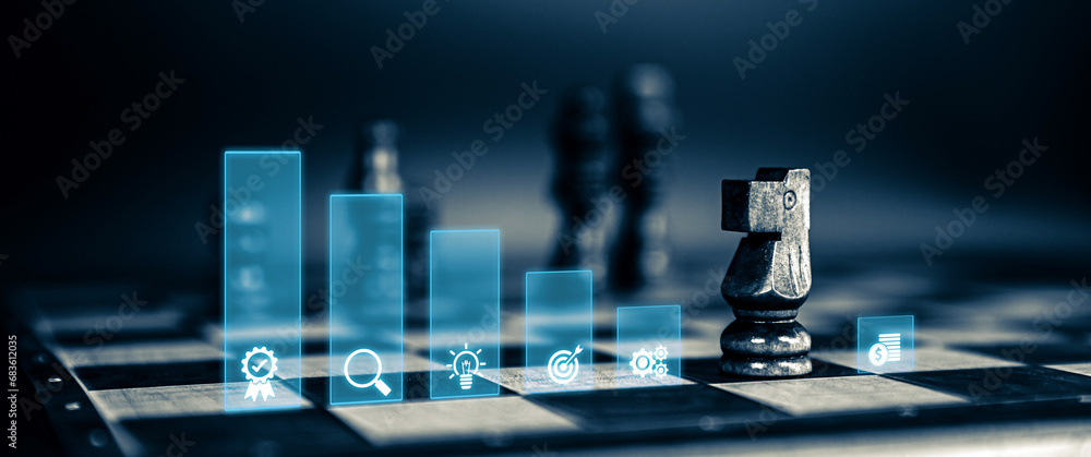 Chess pieces with teamwork icons concepts of leadership or wining challenge strategy and battle fighting of business team player and risk management or human resource or strategic planning. - obrazy, fototapety, plakaty 