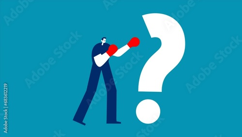 Businessman wearing boxing gloves punching at question mark. Video solve business problems and confusion concept