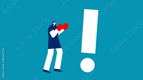 Businesswoman wearing boxing gloves punching at question mark. Video solve business problems and confusion concept