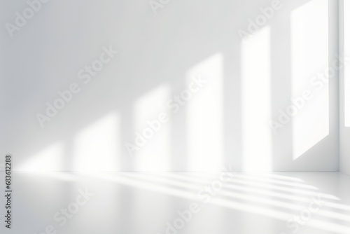 Blurred abstract white studio background for product presentation. Empty room with shadows of window. Display product, Generative AI  photo
