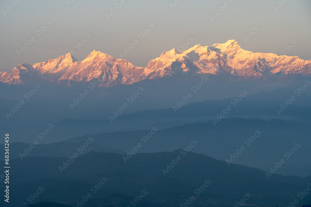 Sunset over the Himalaya Mountains in Nepal