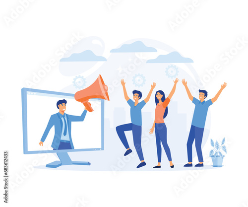 Social media marketing, referral program. People share information with affiliate referrals and making money.    flat vector modern illustration  photo