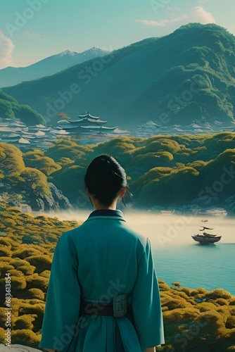 femme asiatique, coréenne, vue de dos, contemplant un paysage montagneux spectaculaire. Ses traits caractéristiques et la posture suggèrent une admiration tranquille devant la beauté naturelle qui s’é