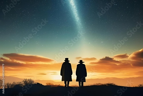 L'image présente deux hommes portant des chapeaux, aux regards doux, observant un magnifique coucher de soleil. Leurs silhouettes se détachent contre le ciel aux teintes chaudes, créant une scène pais photo