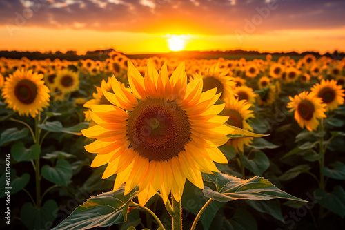 Sunrise in sunflower field. Generative AI
