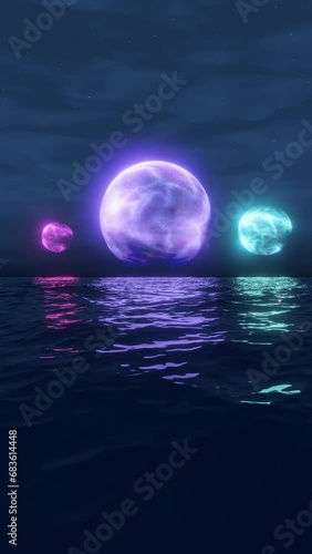 Night Landscape with Three holograms of Planets rotate in the Sky above the horizon with Sea in vertical animated video clip photo