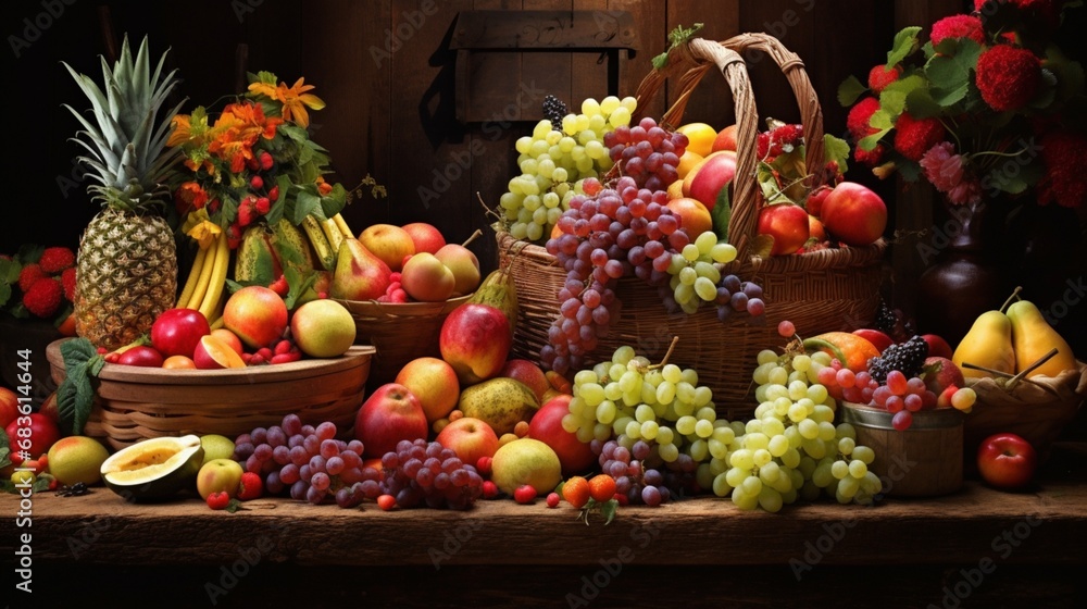 A vivid array of assorted fruits, meticulously arranged against a rustic backdrop, exuding the essence of freshness. Lively hues intertwine in this captivating scene, tempting the taste buds.