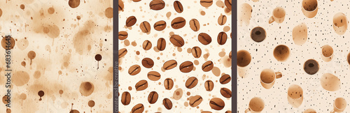 Printable seamless pattern coffe themed collection set. splashes  coffee beans  liquid. Soft pastel brown  creamy. Print  poster  banner  textile design  cafe  drinks