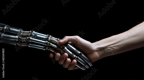 hand of robot is shake hand with hand of human