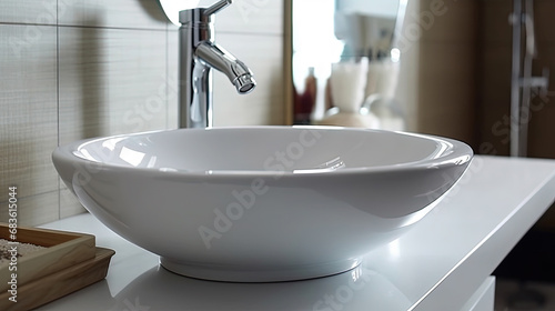 Bathroom with Sink Basin Faucet Open Chrome Faucet Washbasin Modern Design of Bathroom Blurry Background