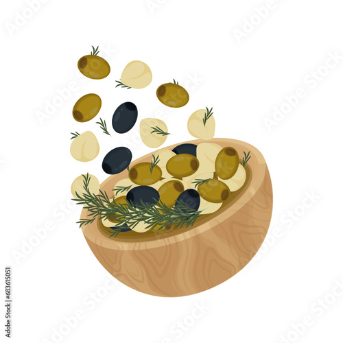 Vector illustration of Garlic Herb Marinated Mozzarella with Kalamata Olive