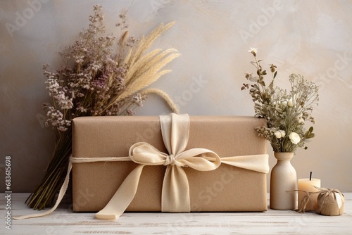 A rustic-themed gift box embellished with natural elements like twine and dried flowers, set on a vintage-style backdrop.