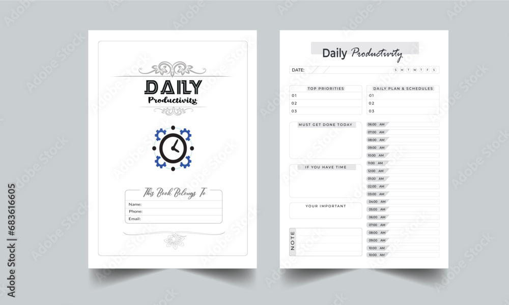  Daily Productivity Planner template set. Set of planner and to do list. Monthly, weekly, daily planner template. Vector illustration with cover page layout template